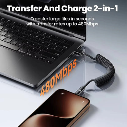 NNBILI 120W Car Type C to USB C Fast Charging For iPhone 17 16 USB A To Type C Spring Telescopic Cable For Samsung Xiaomi Huawei