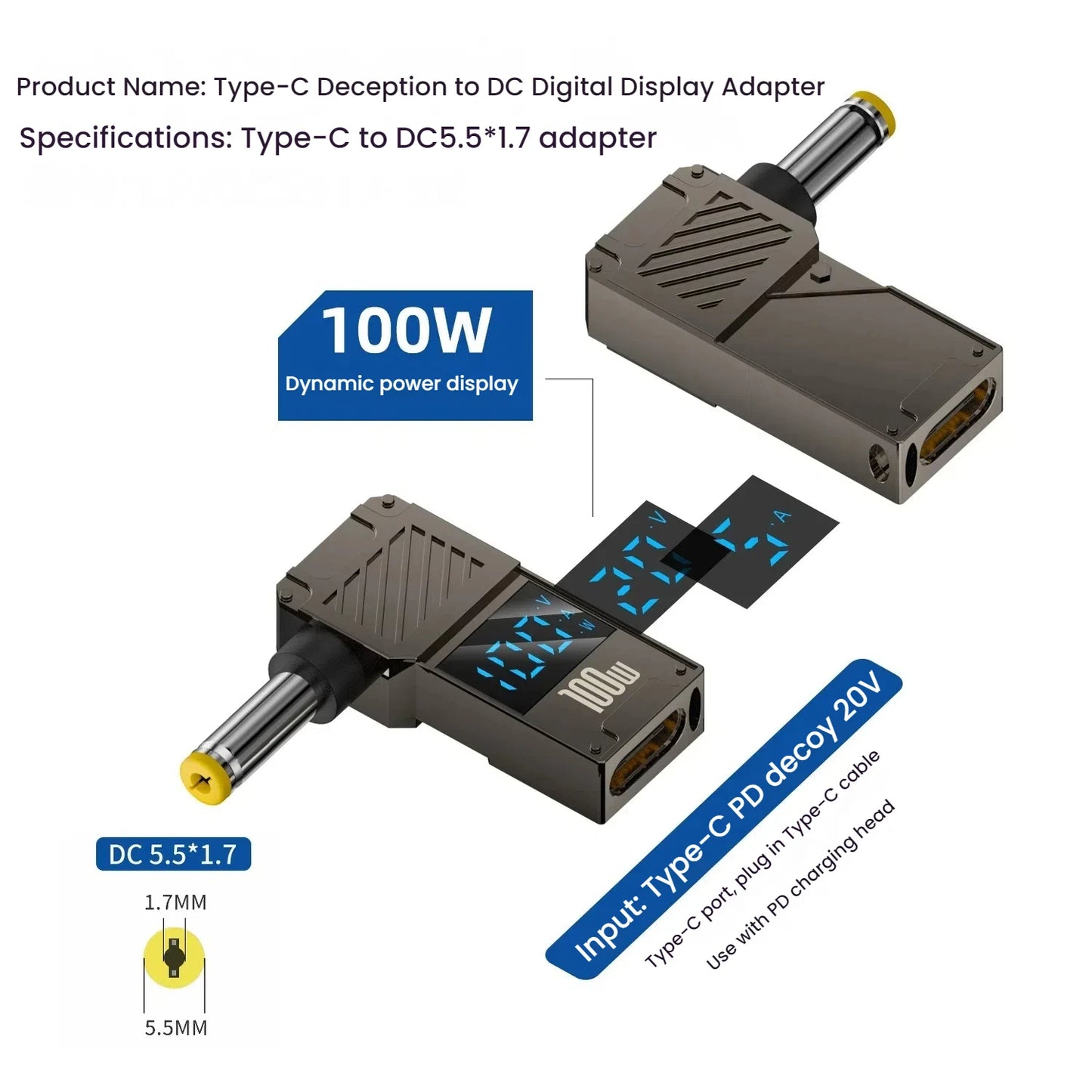 PD 100W Laptop Power Charger Supply Adapter 5A 20V Connector Female Type-C To DC Male Jack Plug Converter For Lenovo/HP/DELL