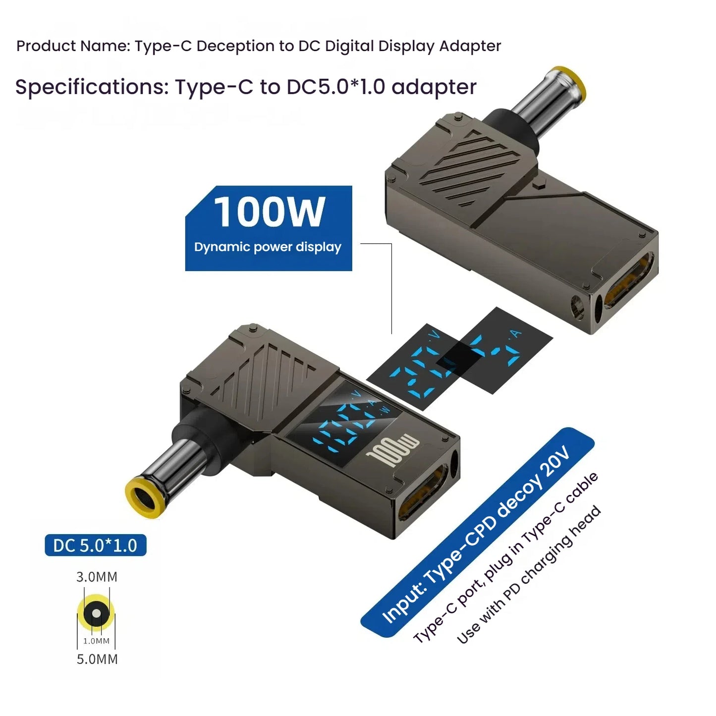 PD 100W Laptop Power Charger Supply Adapter 5A 20V Connector Female Type-C To DC Male Jack Plug Converter For Lenovo/HP/DELL