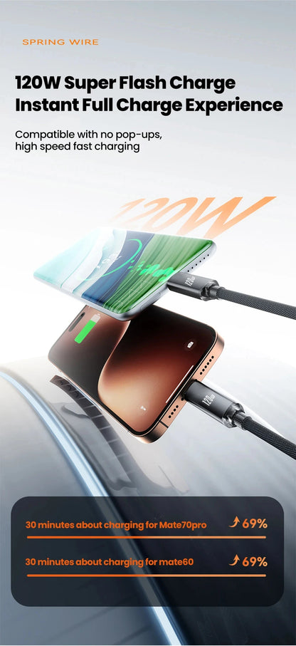 NNBILI 120W Car Type C to USB C Fast Charging For iPhone 17 16 USB A To Type C Spring Telescopic Cable For Samsung Xiaomi Huawei