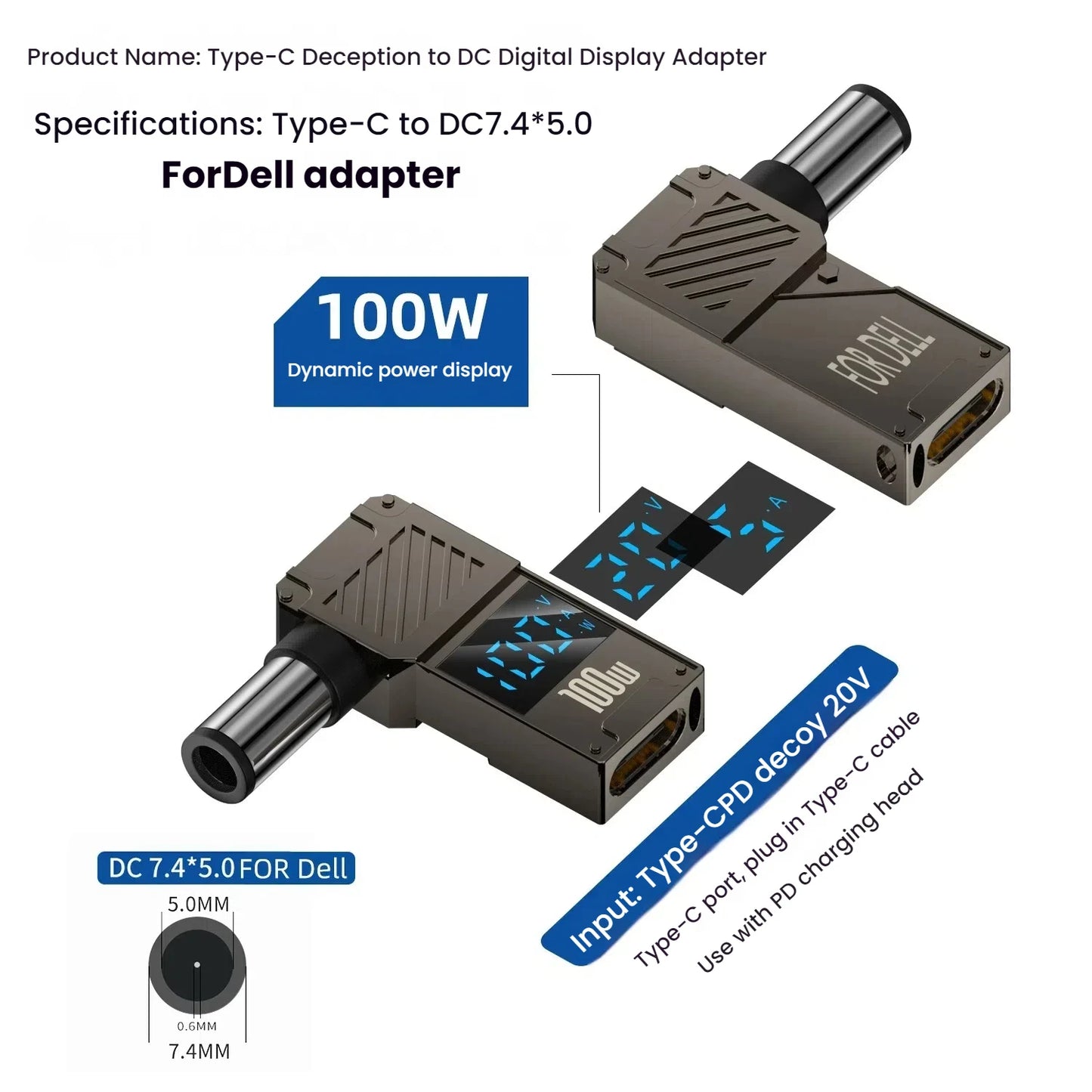 PD 100W Laptop Power Charger Supply Adapter 5A 20V Connector Female Type-C To DC Male Jack Plug Converter For Lenovo/HP/DELL