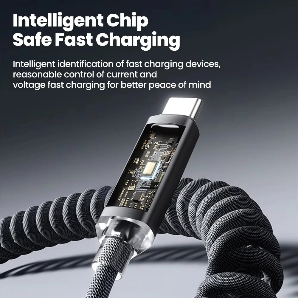 NNBILI 120W Car Type C to USB C Fast Charging For iPhone 17 16 USB A To Type C Spring Telescopic Cable For Samsung Xiaomi Huawei