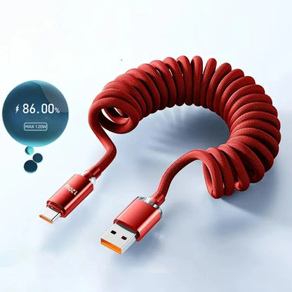 NNBILI 120W Car Type C to USB C Fast Charging For iPhone 17 16 USB A To Type C Spring Telescopic Cable For Samsung Xiaomi Huawei