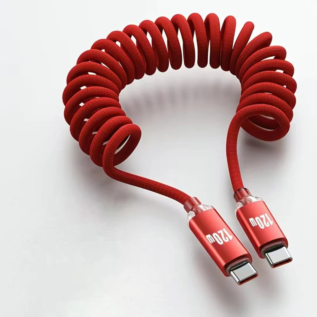 NNBILI 120W Car Type C to USB C Fast Charging For iPhone 17 16 USB A To Type C Spring Telescopic Cable For Samsung Xiaomi Huawei