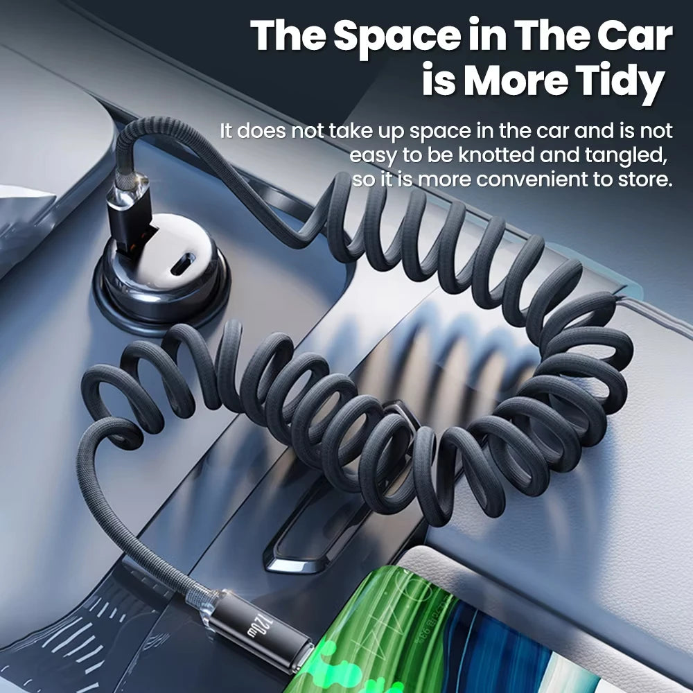 NNBILI 120W Car Type C to USB C Fast Charging For iPhone 17 16 USB A To Type C Spring Telescopic Cable For Samsung Xiaomi Huawei