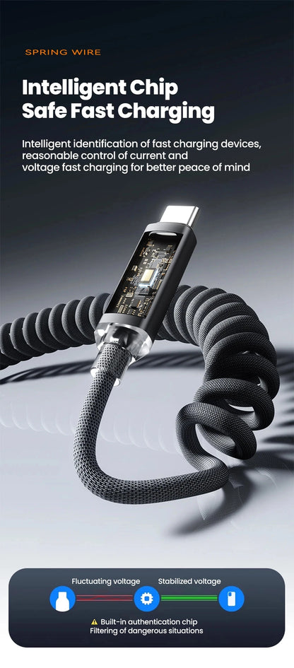 NNBILI 120W Car Type C to USB C Fast Charging For iPhone 17 16 USB A To Type C Spring Telescopic Cable For Samsung Xiaomi Huawei