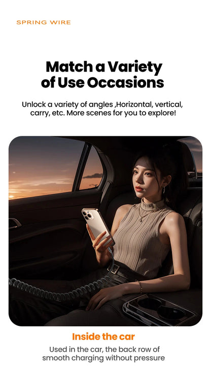 NNBILI 120W Car Type C to USB C Fast Charging For iPhone 17 16 USB A To Type C Spring Telescopic Cable For Samsung Xiaomi Huawei