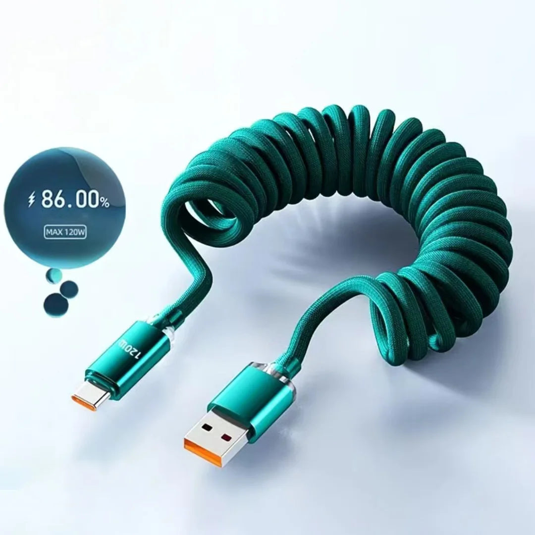 NNBILI 120W Car Type C to USB C Fast Charging For iPhone 17 16 USB A To Type C Spring Telescopic Cable For Samsung Xiaomi Huawei