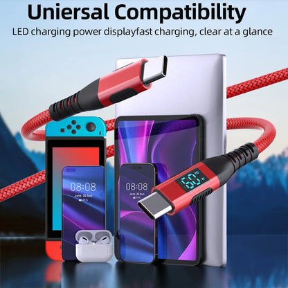 HOMEFISH LED Digital Display Dual Head Type-C Super Fast Charger 100W 6A Compatible with Huawei Xiaomi Phone PD Charging Cable