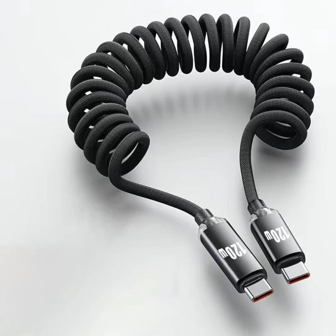 NNBILI 120W Car Type C to USB C Fast Charging For iPhone 17 16 USB A To Type C Spring Telescopic Cable For Samsung Xiaomi Huawei