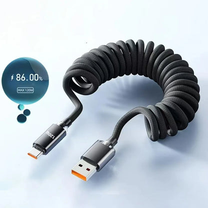 NNBILI 120W Car Type C to USB C Fast Charging For iPhone 17 16 USB A To Type C Spring Telescopic Cable For Samsung Xiaomi Huawei