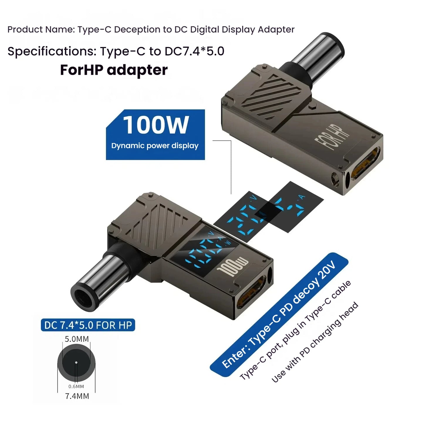 PD 100W Laptop Power Charger Supply Adapter 5A 20V Connector Female Type-C To DC Male Jack Plug Converter For Lenovo/HP/DELL