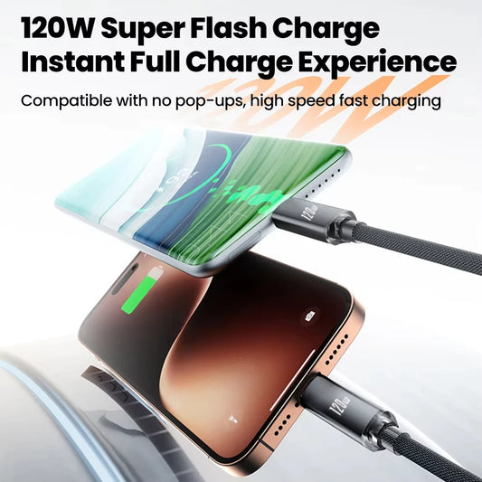 NNBILI 120W Car Type C to USB C Fast Charging For iPhone 17 16 USB A To Type C Spring Telescopic Cable For Samsung Xiaomi Huawei