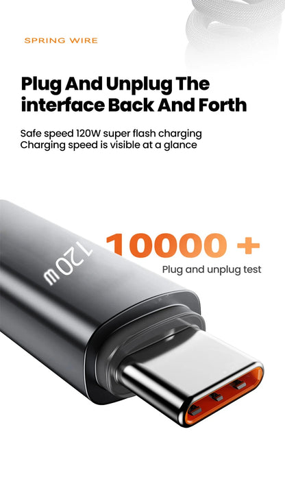 NNBILI 120W Car Type C to USB C Fast Charging For iPhone 17 16 USB A To Type C Spring Telescopic Cable For Samsung Xiaomi Huawei