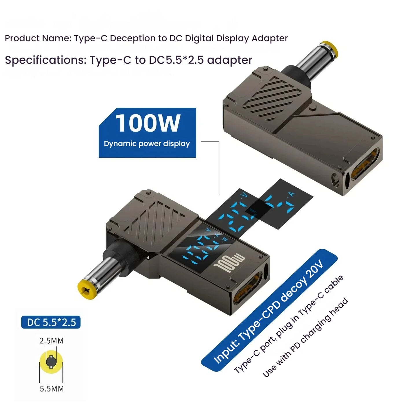 PD 100W Laptop Power Charger Supply Adapter 5A 20V Connector Female Type-C To DC Male Jack Plug Converter For Lenovo/HP/DELL
